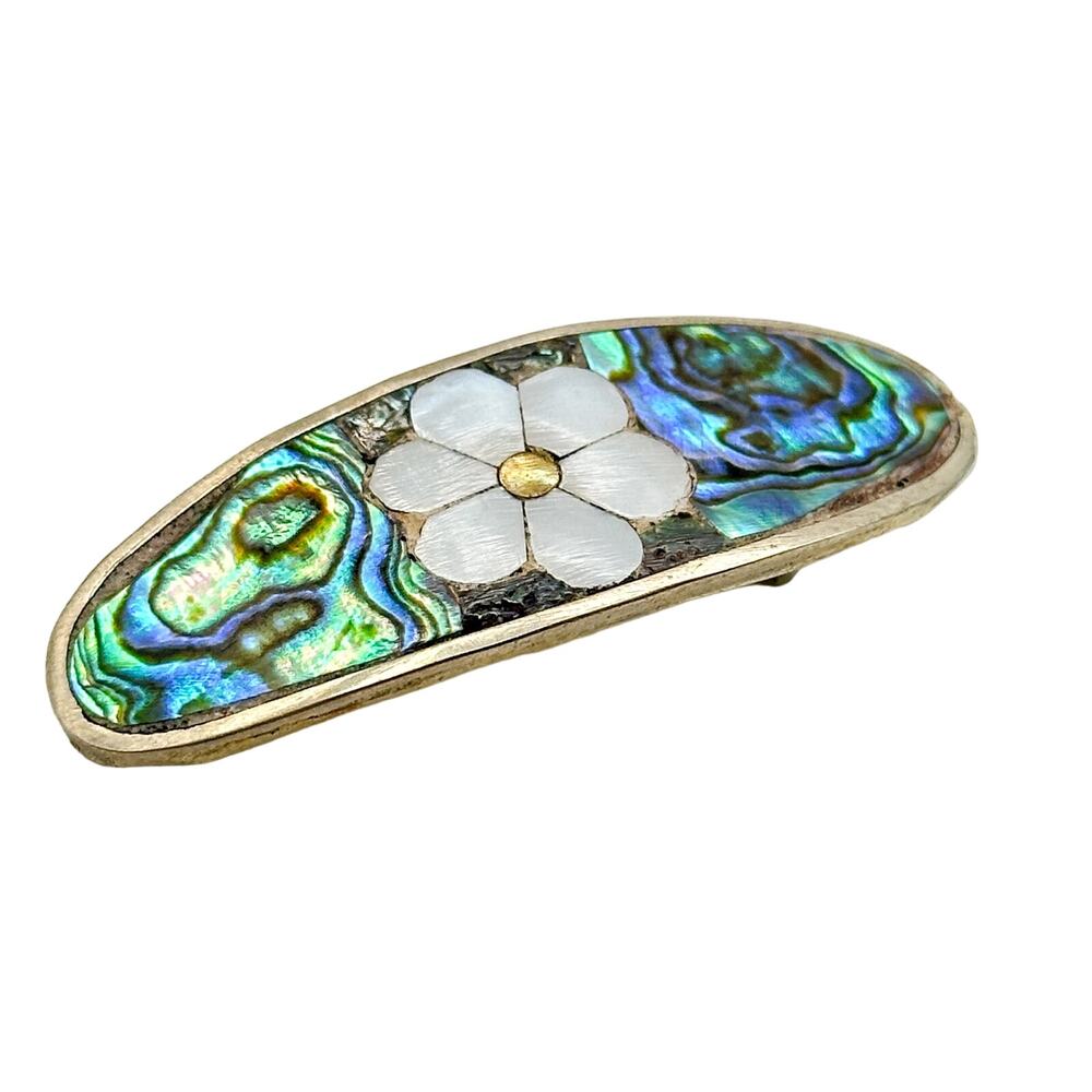Antique Mother of Pearl Brooch Alpaca Silver with Old Double C Clasp